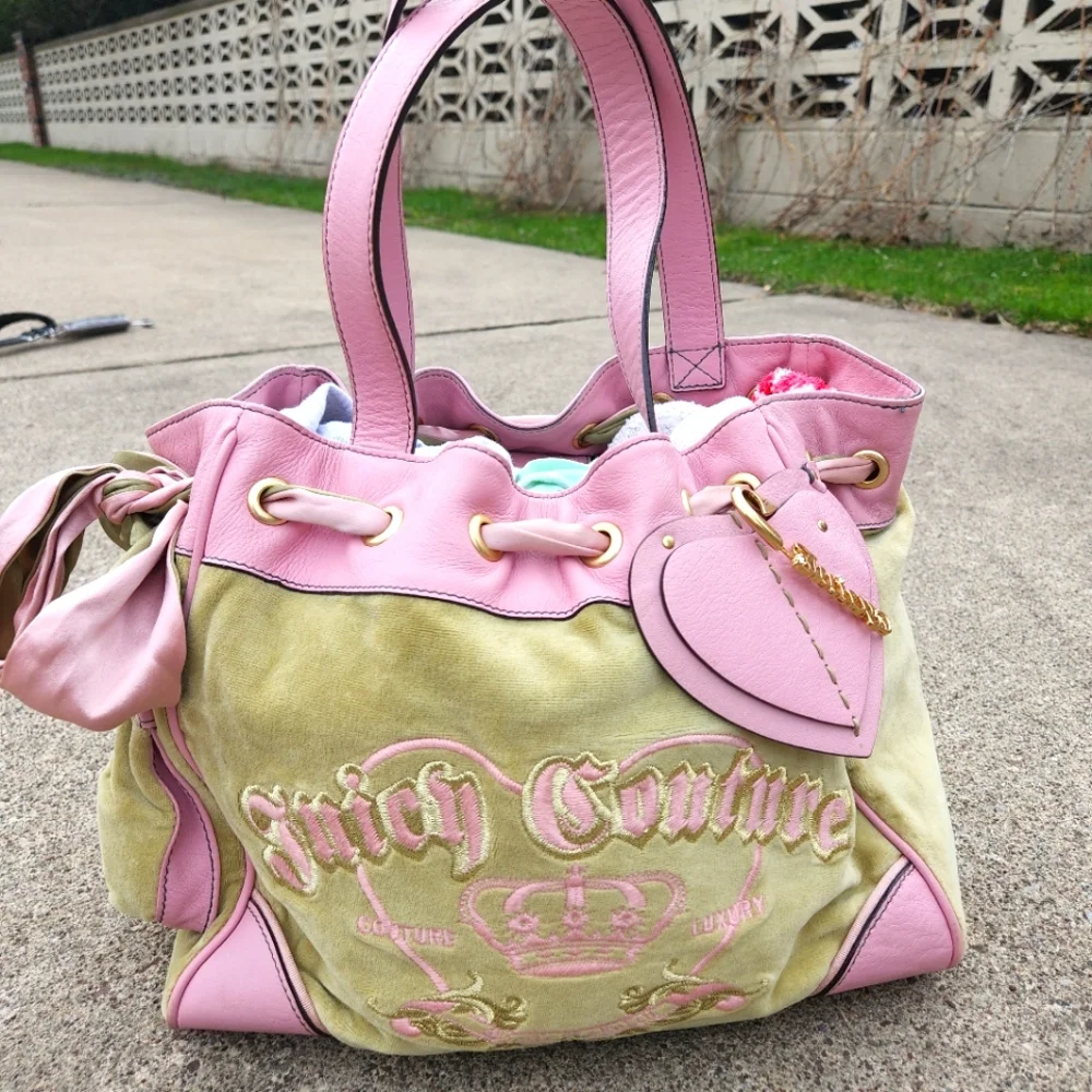 SOLD Juicy Couture Velour Sage Green and Baby Pink Daydreamer Bag - Picture 1 of 13